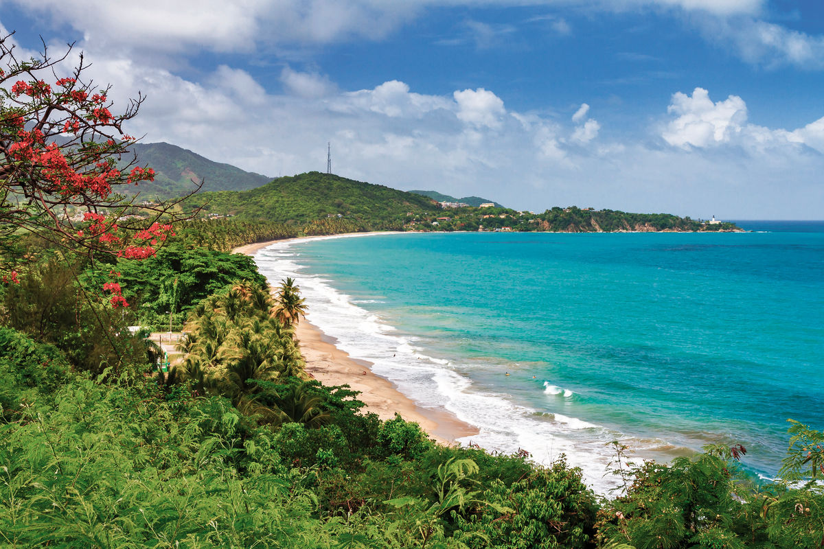Blick auf eine malerische tropische Bucht mit einem Strand, umgeben von grüner Vegetation und Hügeln im Hintergrund unter einem blauen Himmel mit einigen Wolken.